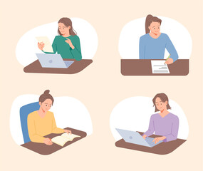 Women sitting at desks and working. I am looking at my laptop and writing and reading a book. flat design style vector illustration.
