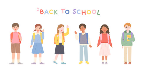 Back to school. Cute children standing with school bags. flat design style vector illustration.