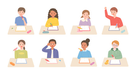 Cute children are studying with books open on the desk. flat design style vector illustration.