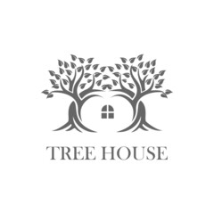 Real estate logo vector illustration design. tree house symbol.