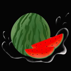 Watermelon and Sliced watermelon set, fruit illustration isolated black background