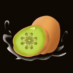 Realistic 3d kiwi. Juicy exotic whole fruit, half and slice . Fresh organic food for healthy eating. Ripe tropical berry for sweet dessert. isolated black background illustration