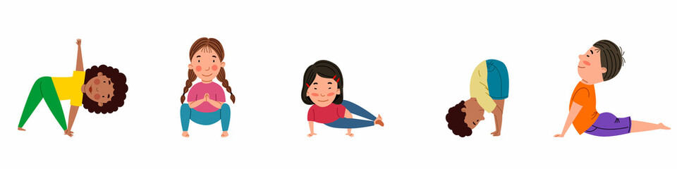 A set of pretty girls and boys of different nationalities are engaged in yoga. Yoga for children. Vector illustration in a flat style