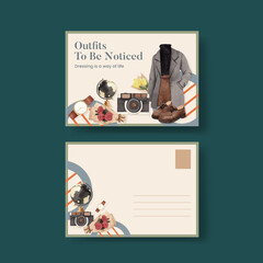 Postcard template with dark academia outfit concept,watercolor.