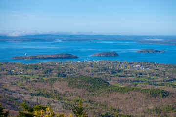 Acadia National Park aerial view including Bar Harbor town, Bar Island and Sheep Porcupine Island on top of Cadillac Mountain in Maine ME, USA.  