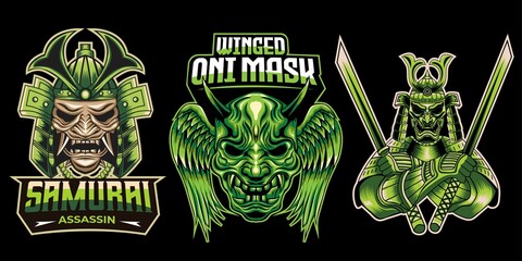 collection of samurai, oni mask, and bushido mascot logo