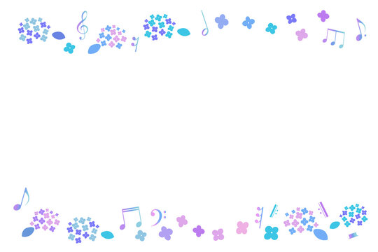 梅雨をイメージした紫陽花と音符のフレームイラスト　背景イラスト