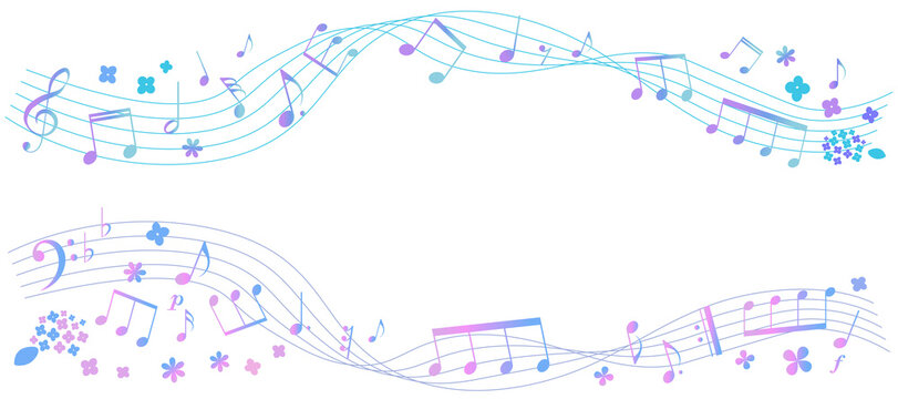 梅雨をイメージした楽譜のフレームイラスト　　五線譜　背景イラスト　音符、休符、音楽記号のイラスト　紫陽花