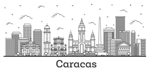 Outline Caracas Venezuela City Skyline with Modern and Historic Buildings Isolated on White.