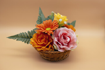 Bouquet of flowers in colorful plastic flower baskets,Include Clipping Path.