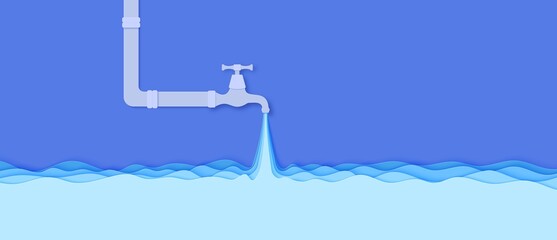 Faucet from which water flows in paper cut style. Flowing liquid and waves in blue papercut art. Water pipe with tap valve. Save the Water ecological poster. Environment card template. Vector card