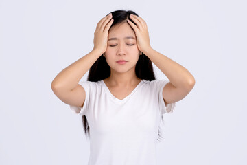 Young woman was unhappy and frustrated with something. Negative facial expression isolated on white background.