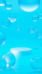 水のような抽象的な物体が複数ある空間。白い円柱の台座。鮮やかな水色（縦長）