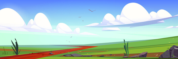 Fototapeta premium Meadows, fields with green grass and road. Vector cartoon illustration of summer or spring rural landscape, countryside scene of pasture with plants, path and stones