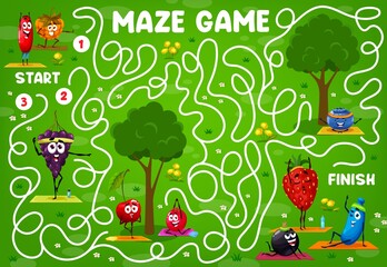 Labyrinth maze game, cartoon berry characters on yoga fitness, vector worksheet puzzle. Kids escape riddle or labyrinth maze to search and find for funny strawberry, cherry and raspberry with grape