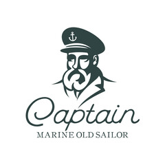 Bearded ship captain or skipper with a pipe and peaked cap for marine nautical logo design for sailor
