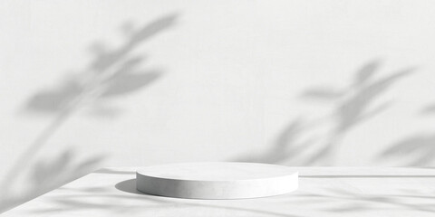 White product display podium with shadow nature leaves on white background. 3D rendering © nawapon