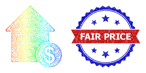 Mesh net mortgage cost frame icon with rainbow gradient, and bicolor scratched Fair Price seal. Red seal has Fair Price tag inside blue rosette. Bright carcass mesh mortgage cost icon.