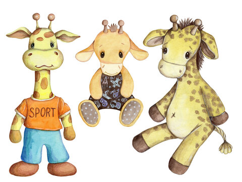 Cute cartoon toy baby jiraffes. Watercolor hand drawn illustration art. 