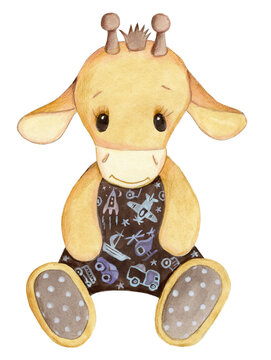 Cute cartoon toy baby jiraffes. Watercolor hand drawn illustration art. 