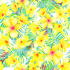 Fototapeta na wymiar Summer yellow exotic flowers and palm leaves seamless watercolor pattern