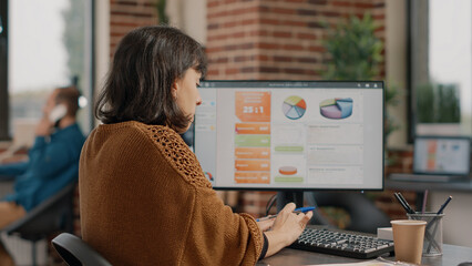 Business woman working on project planning with rate charts and information, using computer...