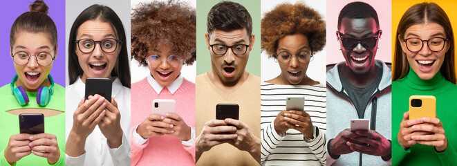 Collage of diverse shocked people looking at phones with wow expression