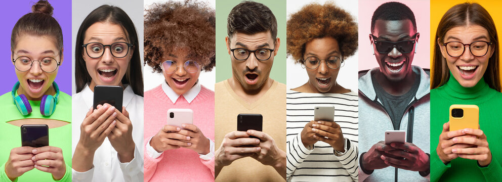 Collage of diverse shocked people looking at phones with wow expression