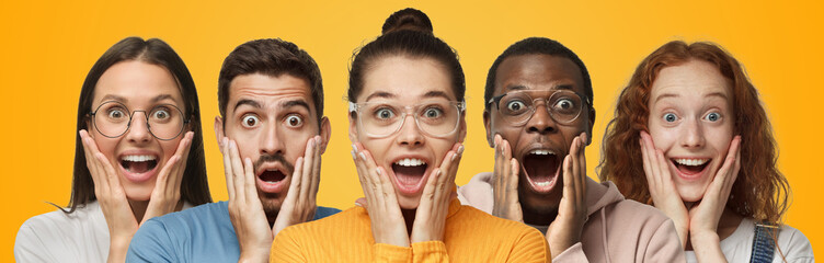 Group of diverse surprised people with wow and shock face expression