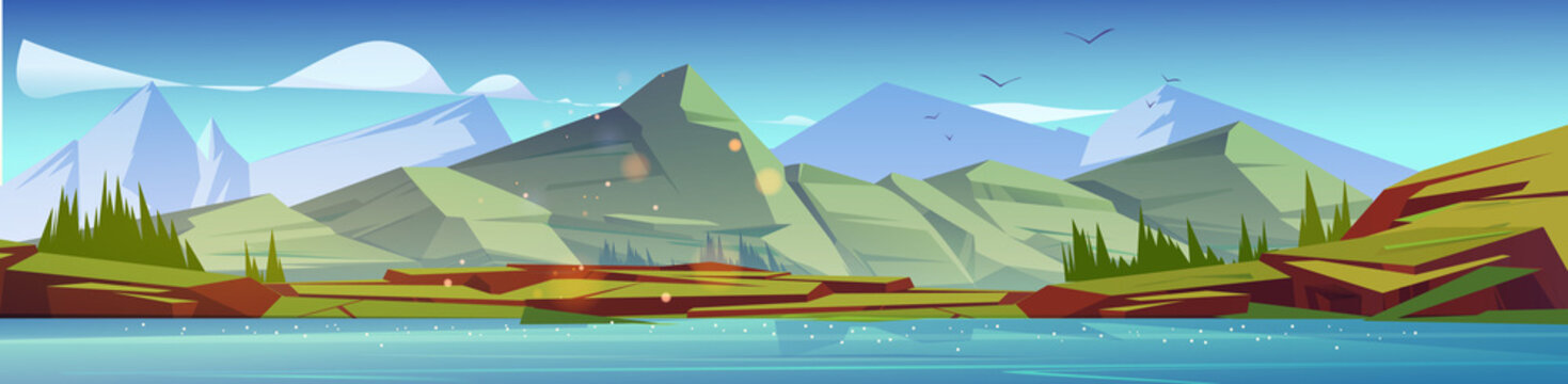 Summer landscape with river, mountains and forest. Vector cartoon illustration of scandinavian nature scene with lake, green grass, firs and rocks on horizon