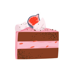 Piece of chocolate cake vector illustration. Cartoon slice of sweet dessert for birthday party with layers of brown biscuit and pink mousse cream isolated on white. Confectionery, bakery concept