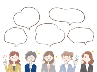 スーツ姿の女性たち　成功　笑顔　フレーム　ふきだし