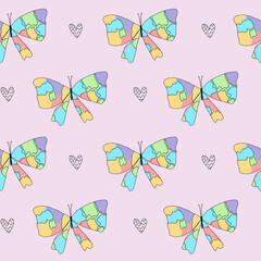 Doodle line orange, purple, green, blue butterflies pink pattern cute seamless minimalistic for kids.