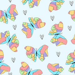 Doodle line pink, orange, purple, green butterflies blue pattern cute seamless minimalistic for kids.