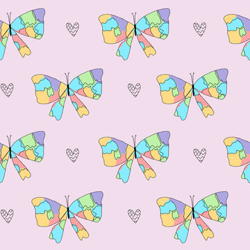 Doodle line orange, purple, green, blue butterflies pink pattern cute seamless minimalistic for kids.