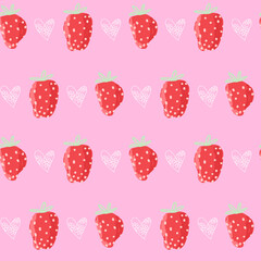 Hand drawn summer seamless pink pattern with strawberry, abstract, hearts, love it doodle. Cute vector for paper, fabric, book, kitchen, children.