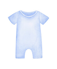 Newborn baby boy blue bodysuit watercolor illustrartion. Cute hand drawn baby shower design element. Isolated clipart element on white background. Kids clothes.
