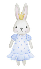 Obraz premium Nice little cartoon bunny princess in blue dress and crown; watercolor hand drawn illustration; isolated on white background