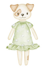 Fototapeta premium Nice little cartoon dog girl in green dress; watercolor hand drawn illustration; isolated on white background