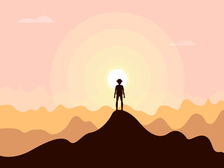 Raster illustration - a silhouette of a man on top of a mountain against the backdrop of the rising sun.  Concept - overcoming, success and freedom