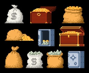 8 bit pixel money bag, golden coins, treasure chest and vault, vector game asset. Pixel art icons of gold bag and dollar cash in bank vault, cartoon golden coins treasure for 8bit arcade game © Vector Tradition
