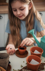 Little girl sitting at the table at home, sowing seeds into flower pots.