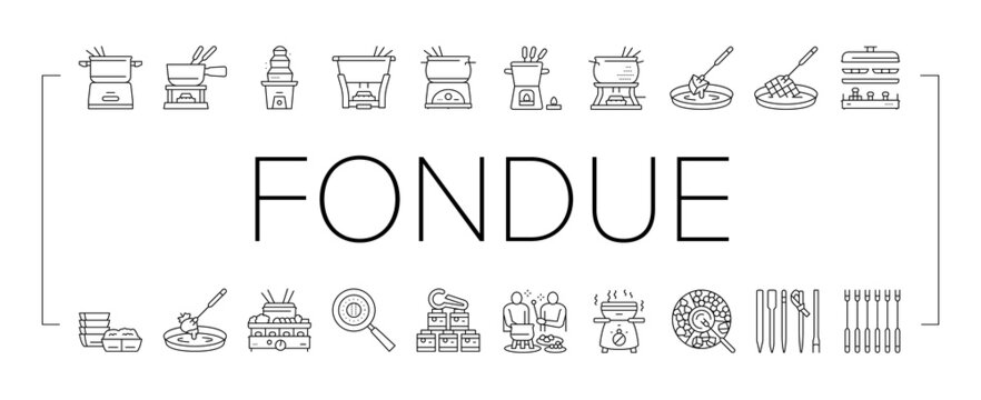 Fondue Cooking Delicious Meal Icons Set Vector