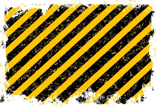 Grunge yellow black stripes, industrial background warning frame, vector caution sign. Hazard danger sign or safety border background with black and yellow grunge stripe line pattern