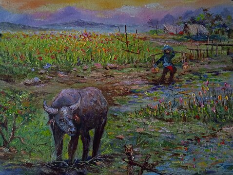 Art painting Oil color Hut northeast Thailand Countryside , buffalo , agriculturist , rural life
