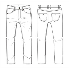 Denim Pant flat sketch design template. Men’s denim long pant Technical Fashion Illustration. Denim Pant technical sketch for tech pack design Front and Back View Vector 