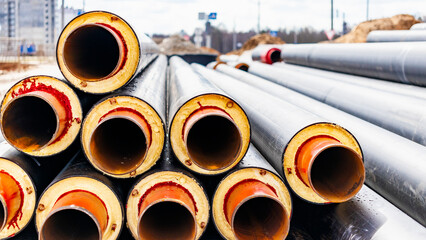 Insulated pipe. Large metal pipes with a plastic sheath at a construction site. Modern pipeline for...