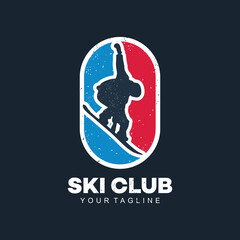 Ski club concept with skiers skiing downhill in high mountains. Retro badge vector ski club. Concept for shirt, print, stamp or tuning. Ski club typography design - stock vector.