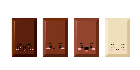 Cute rectangular chocolate bar piece kids emoji character vector set. Funny dark, bitter, milky and white choco chunk smill face. Kawaii cartoon style cacao sweet food morsel emoticon illustration - Powered by Adobe
