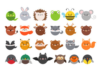 Circle forest animal facescute icon set isolated on white background. Cartoon round kawaii kids sticker character collection. Vector flat clip art animal pet illustration mobile ui game application. © Irina